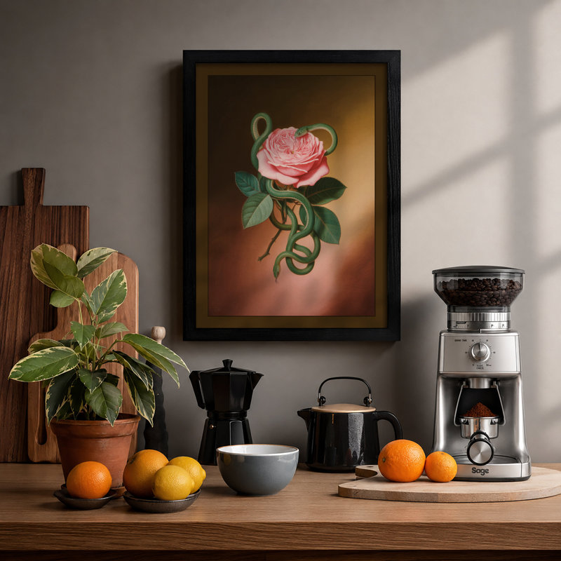 Pink Rose in Bloom Botanical - Framed Print, A3 - 42.0 x 29.7 cm, Black