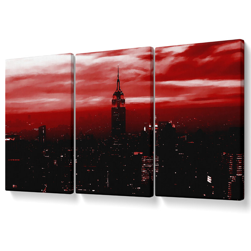 Empire State Building Red Glow - 3 Piece Wrapped Canvas Print, 81.3cm H x 163cm W x 10cm D