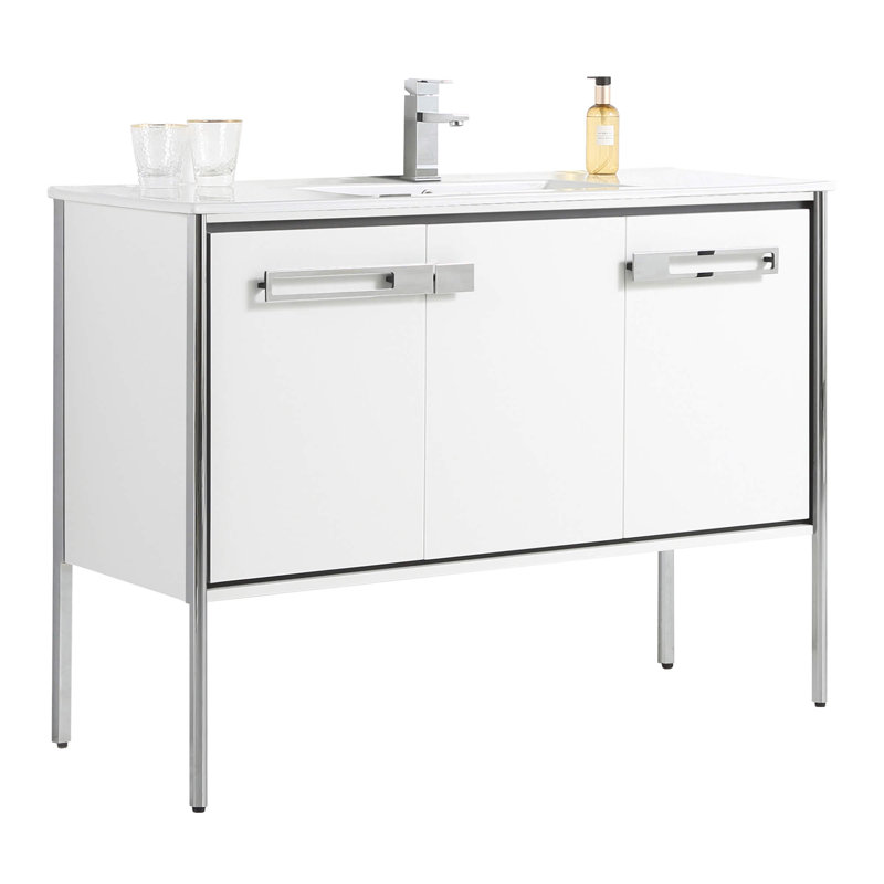 Meuble-lavabo simple 48 po, Blanc mat, Chrome poli