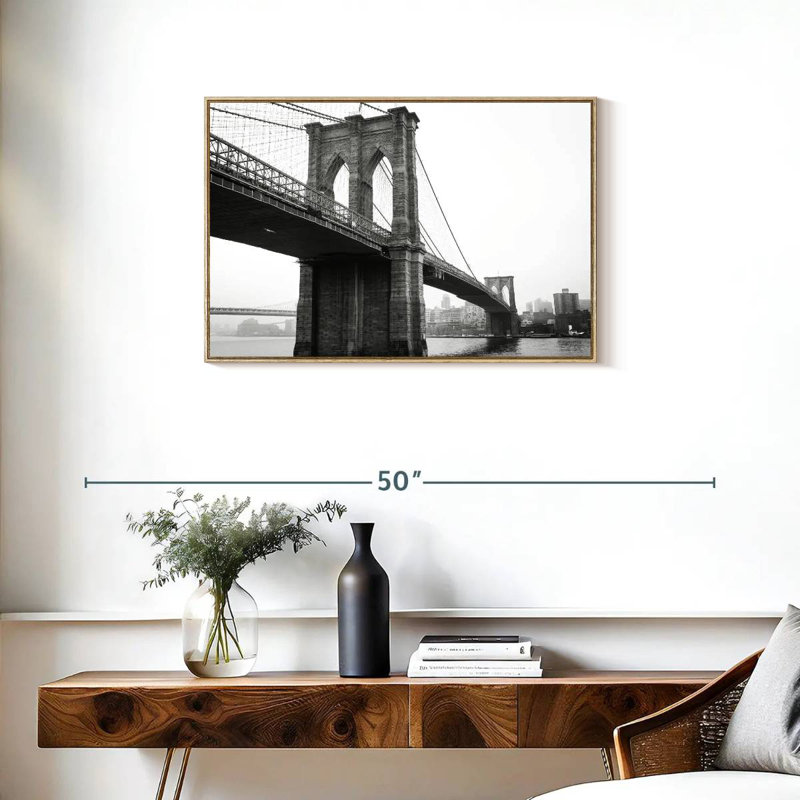 Monochromatic Brooklyn Bridge, Floating Frame Natural Wood, 31" X 21"