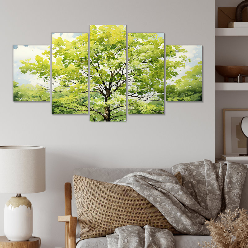 «Green Spring Blooms Tree I - Tree Multipanel Wall Art