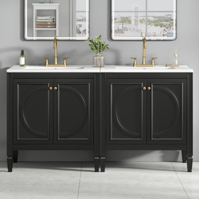 [Vidéo] Ensemble de meuble-lavabo 60 po avec lavabo double, lavabo en céramique, portes à fermeture en douceur avec tablette, tiroir de rangement, noir