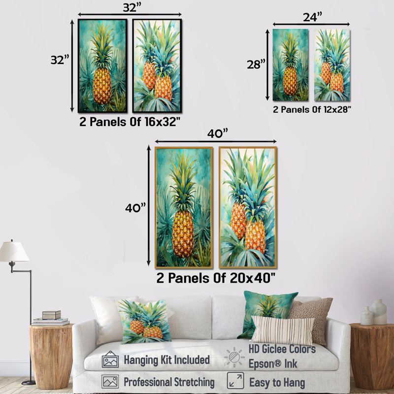 Ensemble de 2 décorations tropicales bleu sarcelle et ananas Paradiso, Encadrement doré, H 28 po x l 25 po