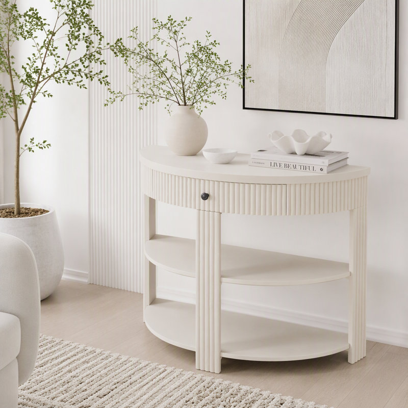 Console cannelée demi-lune avec tiroir et tablettes, Crème