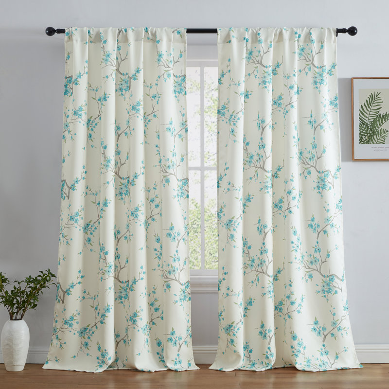 Dorcia Floral Light Dimming Rod Pocket Window Curtain Panels Set for Bedroom, 52" W x 84" L, Teal Blue