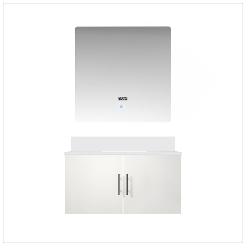 Meuble-lavabo moderne 36 po X P 22 po D, plateau en quartz blanc et Miroir à DEL, Blanc lustré