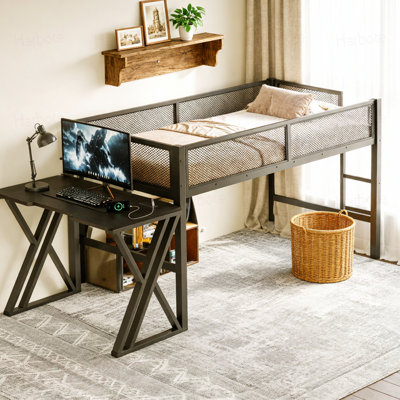 Lit mezzanine simple pour lit très grand avec bureau avec pieds en forme de X, lumières DEL, ports USB, escalier et garde-corps en filet - structure en métal, lit surélevé peu encombrant