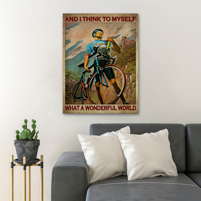 Man With Bicycle Near Mountain - And I Think To Myself What A Wonderful World - 1 Piece Rectangle Graphic Art Print On Wrapped Canvas