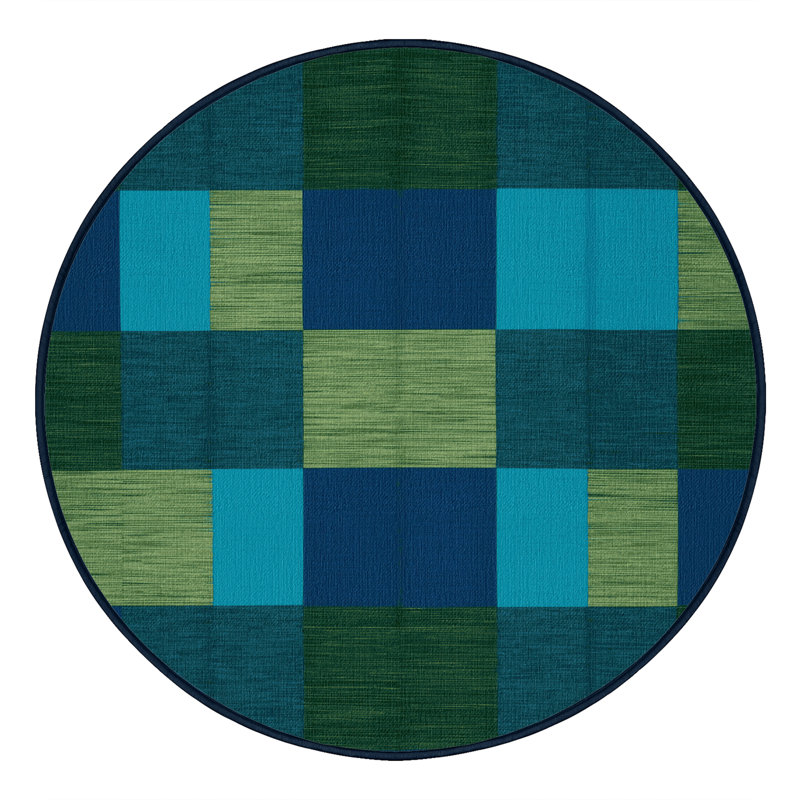 Machine Washable Checkered Blue Area Rug, Round 7'