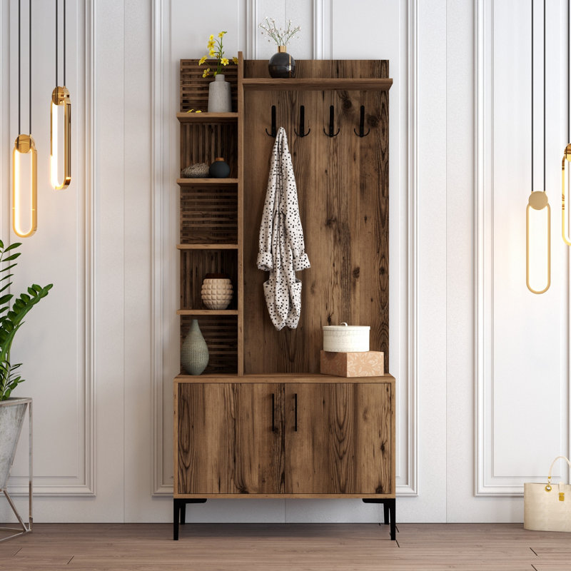 Elegant Hall Stand with Metal Legs & Handle, Walnut Color, 35.4 x 78.7 x 13.8 inches | 100% Melamine Coated Particle Board, 0.7 inches Thick | Numerous Shelves, Wall-Mountable, Ideal for Traditional Home Decor