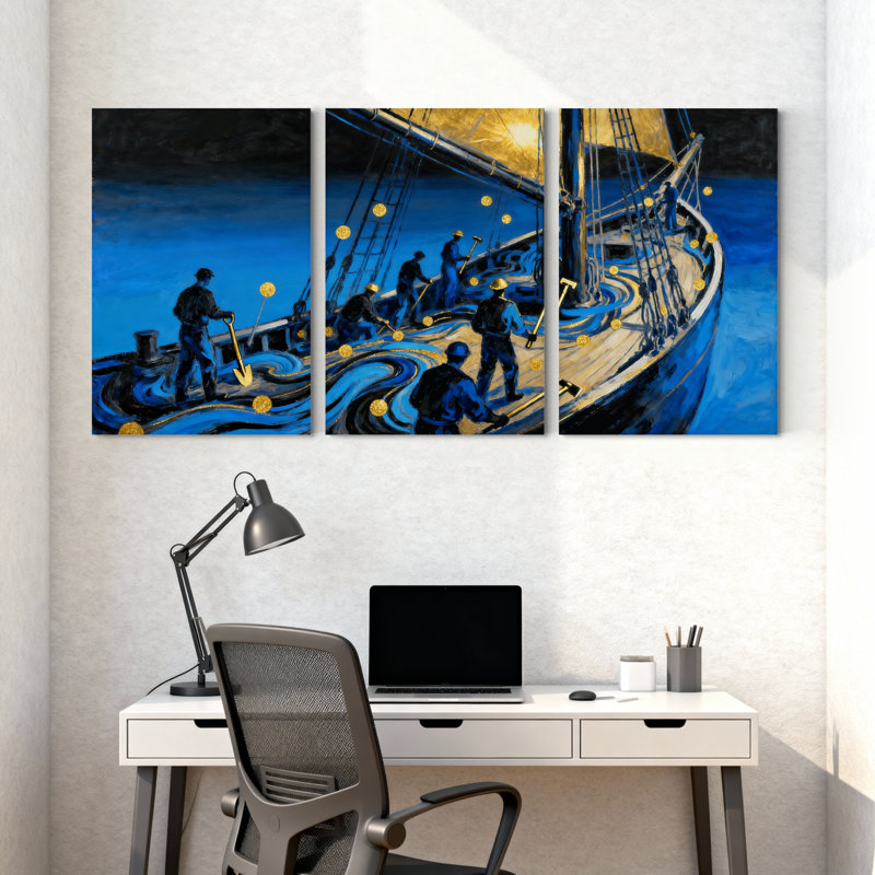 «Night Sea Sailors Waves Light», ensemble de 3 impressions murales sur toile, H 24 po x l 48 po