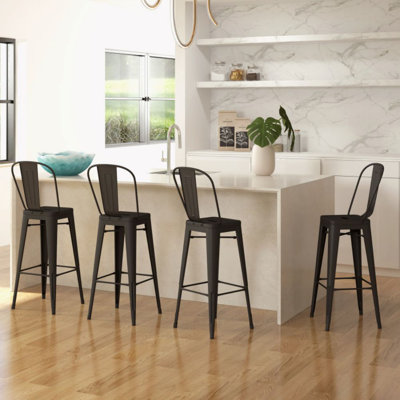 30 Inch Set Of 4 Modern Metal Industrial Bar Stools With Removable High Back