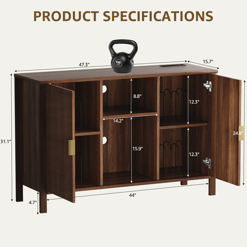 Support pour tourne-disque avec armoire de rangement en vinyle, table tournante avec station de charge, peut contenir jusqu'à 350 albums, noyer, H 47,4 po x 15,8 po x H 31 po.