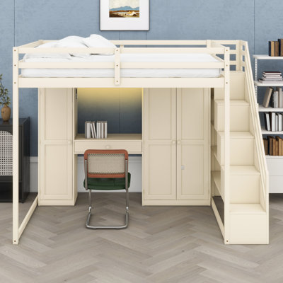 Loft Bed With Storage Staircase, Integrated Dressing Station, Wardrobe, And Smart Charging & Lighting Features