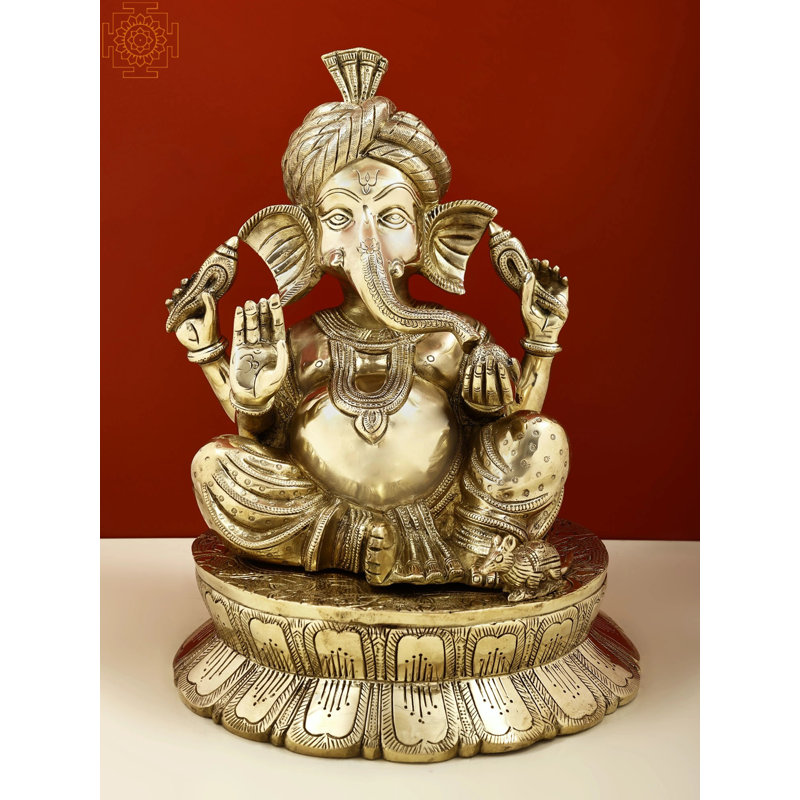 13" Turbaned (Pagdi) Ganesha Brass Statue – Handmade Durable Alloy Idol | Spiritual Home Décor Accent