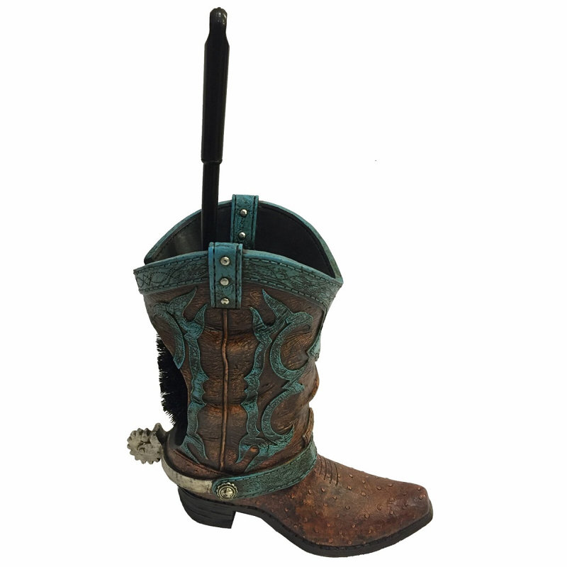 Ensemble de brosse de toilette autoportante avec support en polyrésine turquoise et cuir