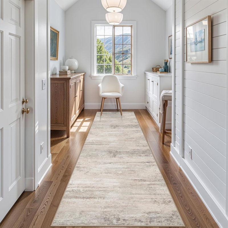 Washable Kitchen Rug: Easy-Clean Entryway Hallway Carpets Non Slip Non-Curl Edge Rugs for Laundry Bathroom Indoor Modern Abstract Home Decor Floor Mat for High Traffic Area Beige