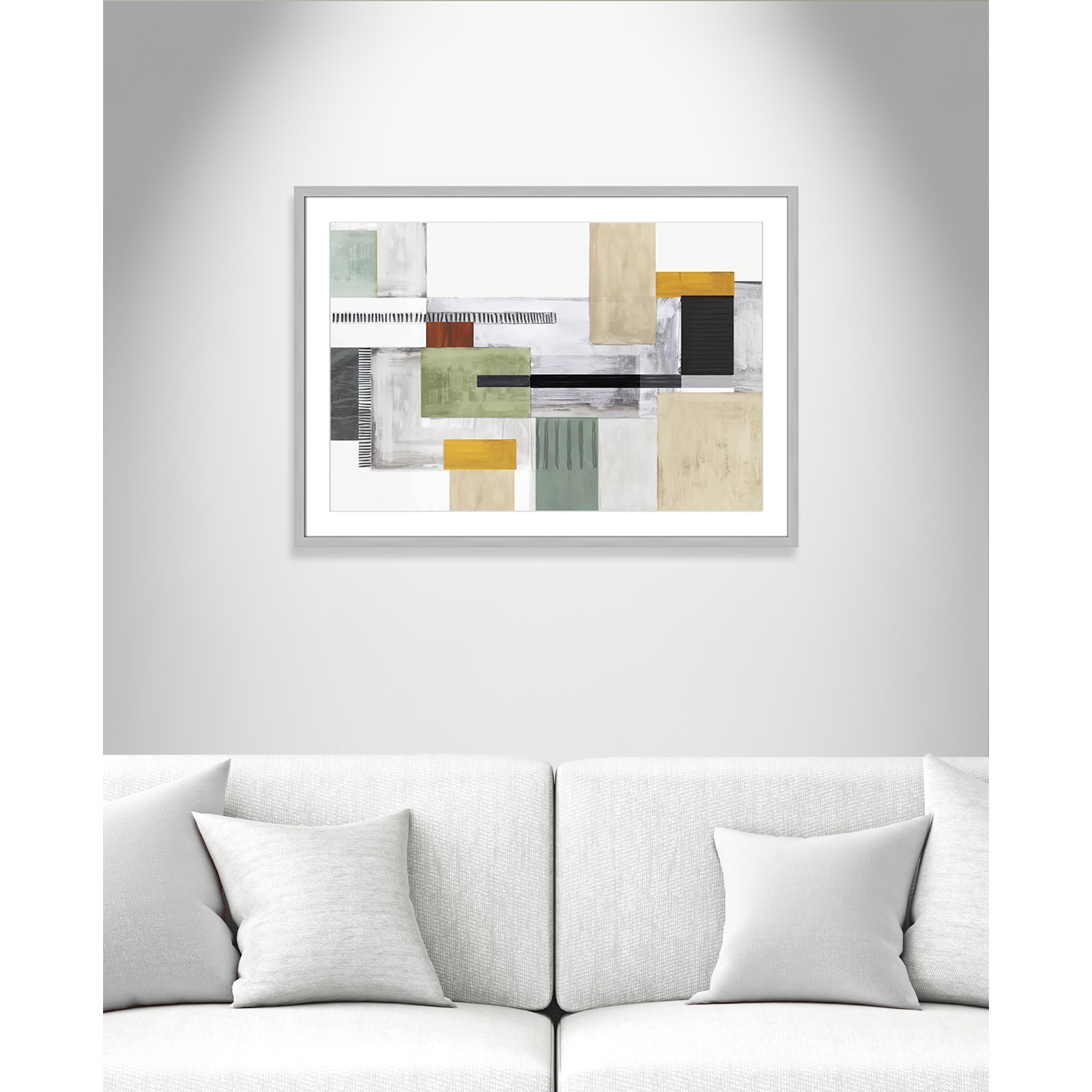 Playful Blocks Print by Tom Reeves, 25.5" H x 35.5" W x 1.25" D, Silver Box Picture Framed, White