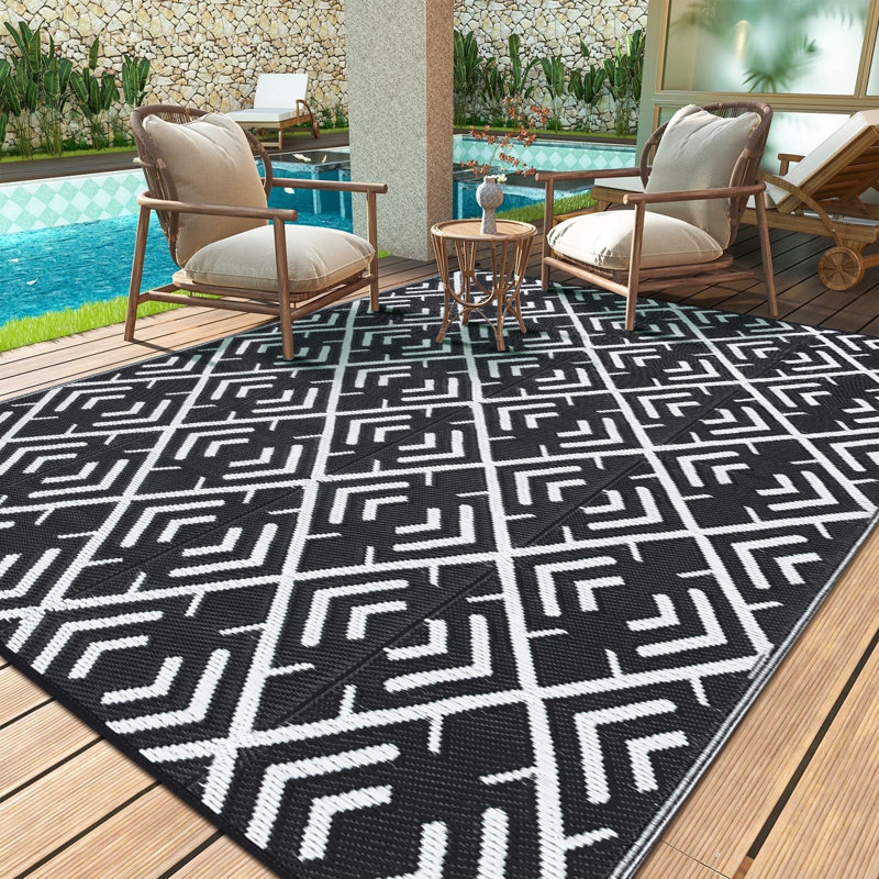 Tapis d'extérieur à motif géométrique moderne réversible, Rectangulaire 8 pi x 10 pi, Noir blanc