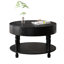 Table basse ronde moderne dans le salon, 31,5 po, double rangement, compartiment caché pour jeux de société, base en forme de H, glissières réglables, noir avec dimensions, couvercle rabattable, tablette ouverte