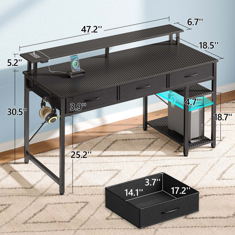 Rectangle Computer Desk with Shelves, Office Desk with Power Outlets & RGB LED Lights, Black, 30.5" H x 47.2" W x 18.9" D