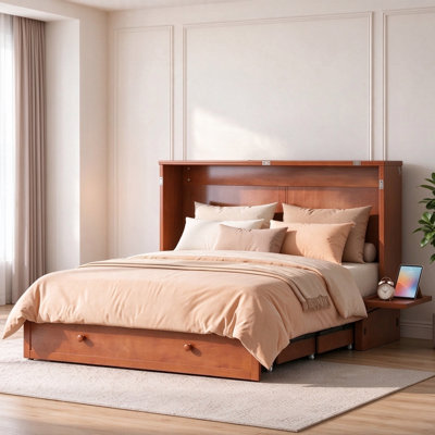 Solid Wood Queen Murphy Bed Cabinet with Drawers and USB Charging Station, Cherry