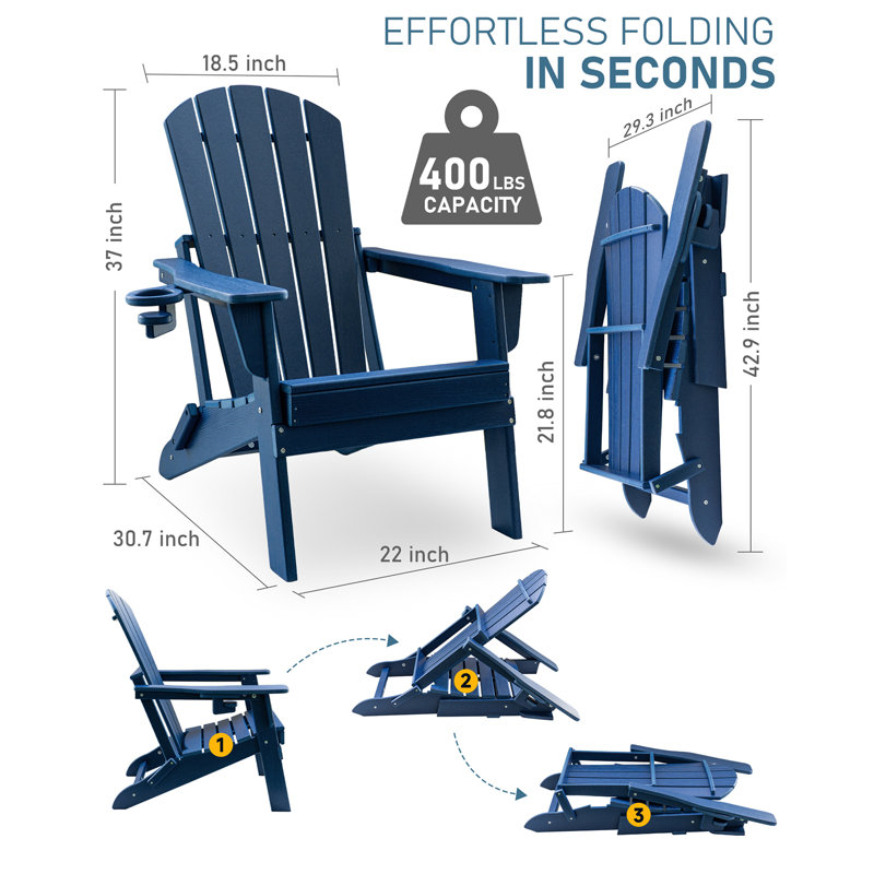 HDPE Folding Adirondack Chair With Cup Holder,Weather-Resistant, Low Maintenance,Supports Up To 400Lbs,,3Pack, Navy Blue