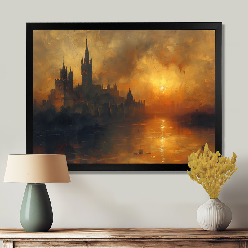 Décoration murale château jaune et noir automne noir I - Châteaux, H 16 po x l 32 po x P 1 po, Toile encadrée noire simple
