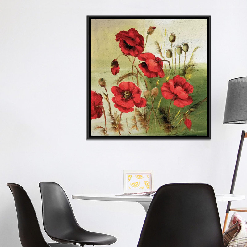«Red Poppies Composition I», reproduction sur toile, H 18 po x l 18 po x P 1,5 po, Toile avec cadre noir, Pas de tapis