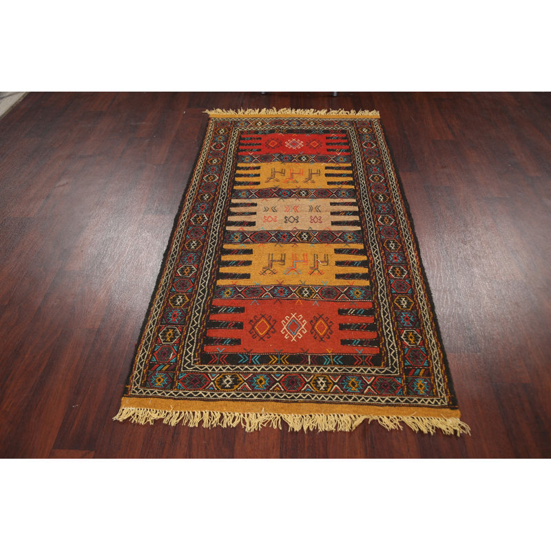 Tapis rouge / beige / brun fait à la main en laine Kilim