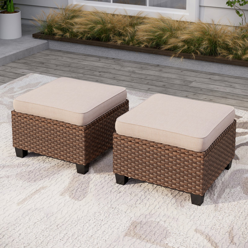 Salem Wicker Outdoor Patio Ottomans, Beige