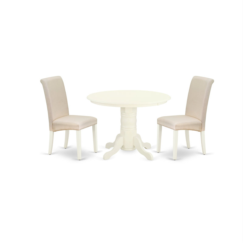 3 Piece Kitchen Table Set Contains a Round Dining Room Table with Pedestal and 2 Cream Linen Fabric Upholstered Chairs, Linen White