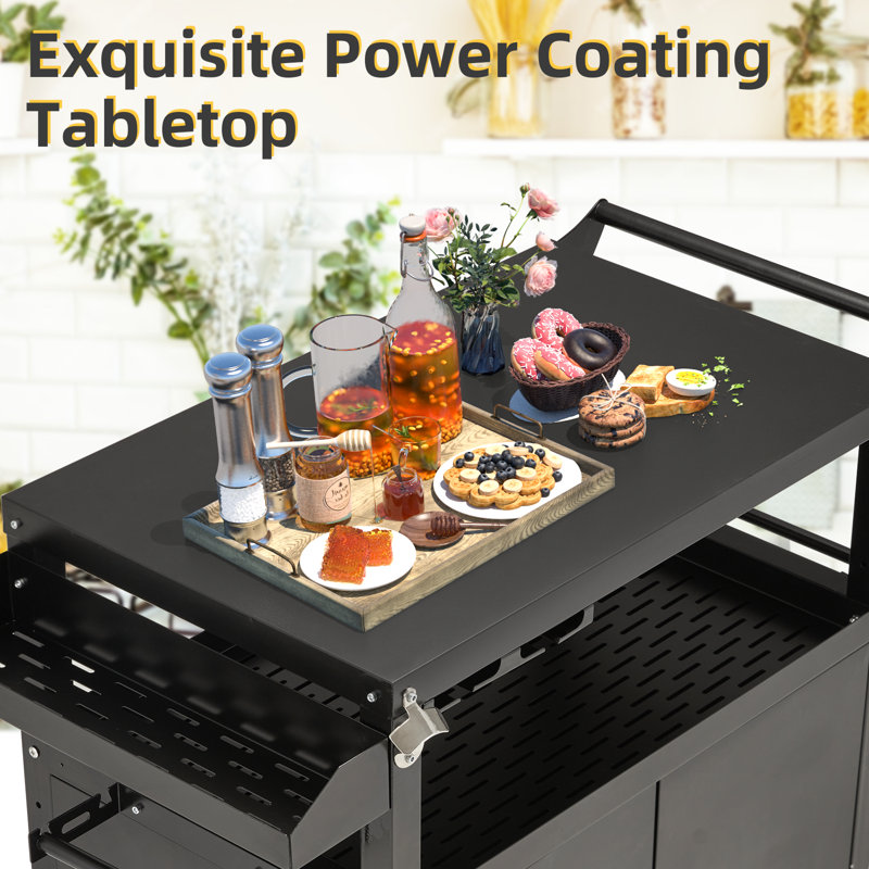 Black Steel Outdoor Grill Cart with Storage Cabinet and Wheels