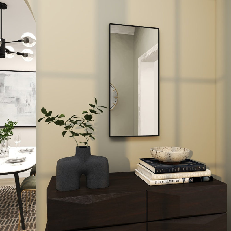 Miroir mural en bois avec un cadre fin et minimaliste, Noir, 30 po x 14 po