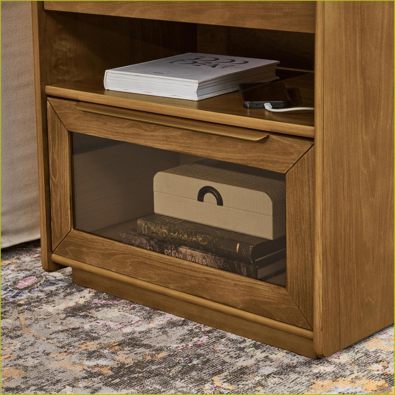 Table de chevet moderne Mid Century avec station de charge - 2 tiroirs, noyer clair