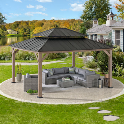  Sunjoy 13 x 15 ft. Wood Gazebo, Outdoor Patio Steel Hardtop Gazebo, Cedar Framed Wooden Gazebo with 2-Tier Metal Roof, Suitable for Patios, Lawn and Backyard