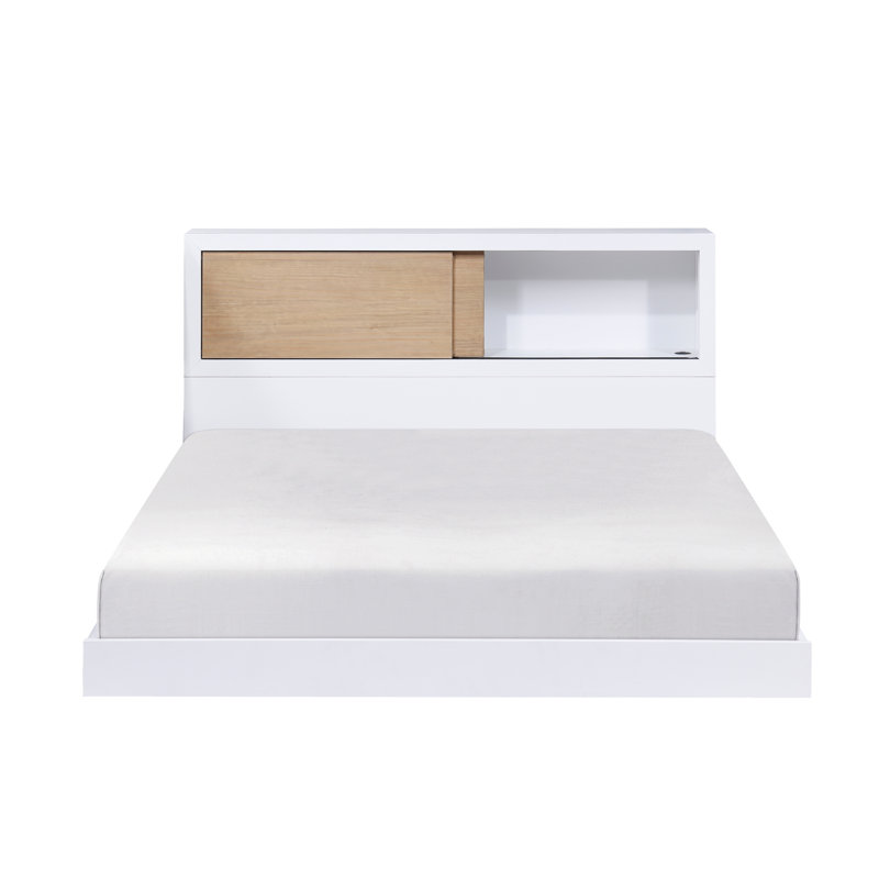 Tête de lit pour lit double bibliothèque avec finition blanche - sans fondation, chambre de jeunes, chambre de rangement et couleurs naturelles, fondation