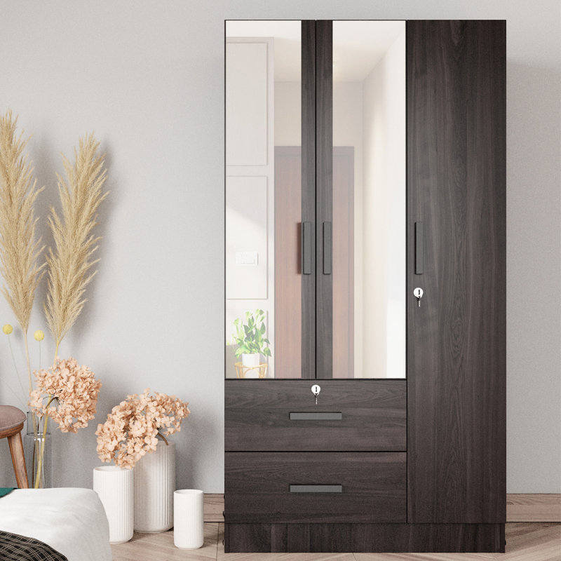  Armoire garde-robe avec deux miroirs pratiques placés sur les portes et deux tiroirs, Tabac