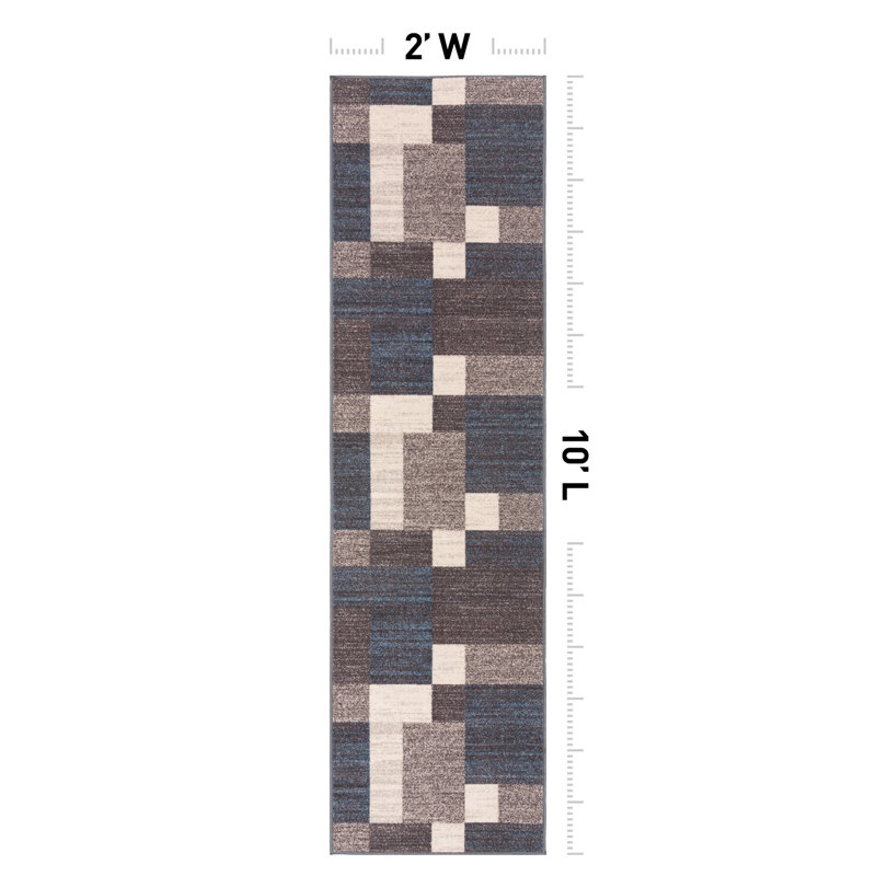 Tapis bleu touffeté à motif géométrique Allyne, Tapis de couloir 2 pi x 10 pi