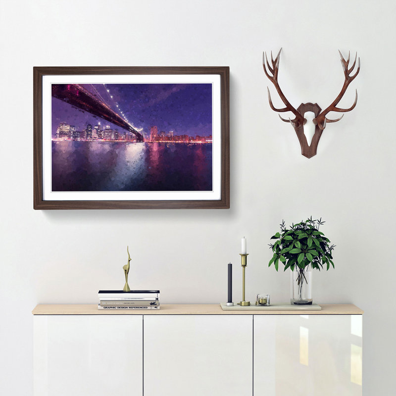 Brooklyn Bridge in New York City in Abstract - Picture Frame Painting Print, 27cm H x 36cm W x 2cm D, Walnut Framed