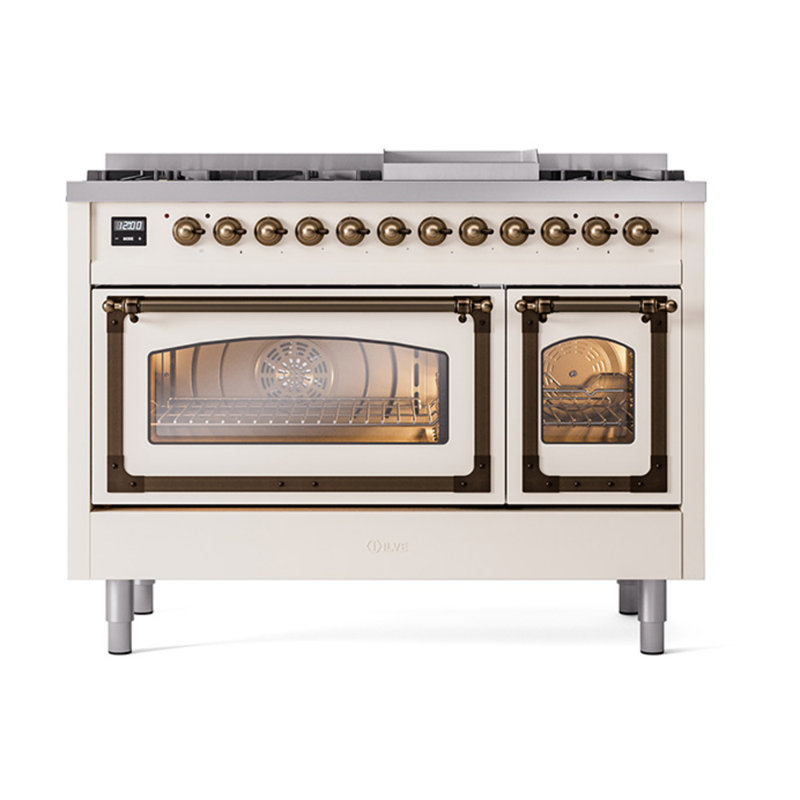 ILVE UN48FNMPEGG Nostalgie II Noblesse 48 inch Dual Fuel Range (8 Sealed Burners + Griddle, Triple Glass Door), Antique White