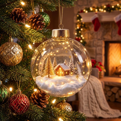 Décoration de Noël Boule de Noël suspendue en plastique transparent avec décorations de scène d'hiver avec lumière DEL pour arbre de Noël