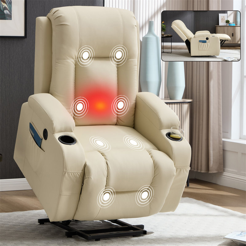 PU Infinite Position Up To 350 LBS Power Lift Recliner Chair For Elderly, Heavy Duty Motion Mechanism With 8-Point Vibration Massage And Lumbar Heating, USB Charging Port, Cup Holders