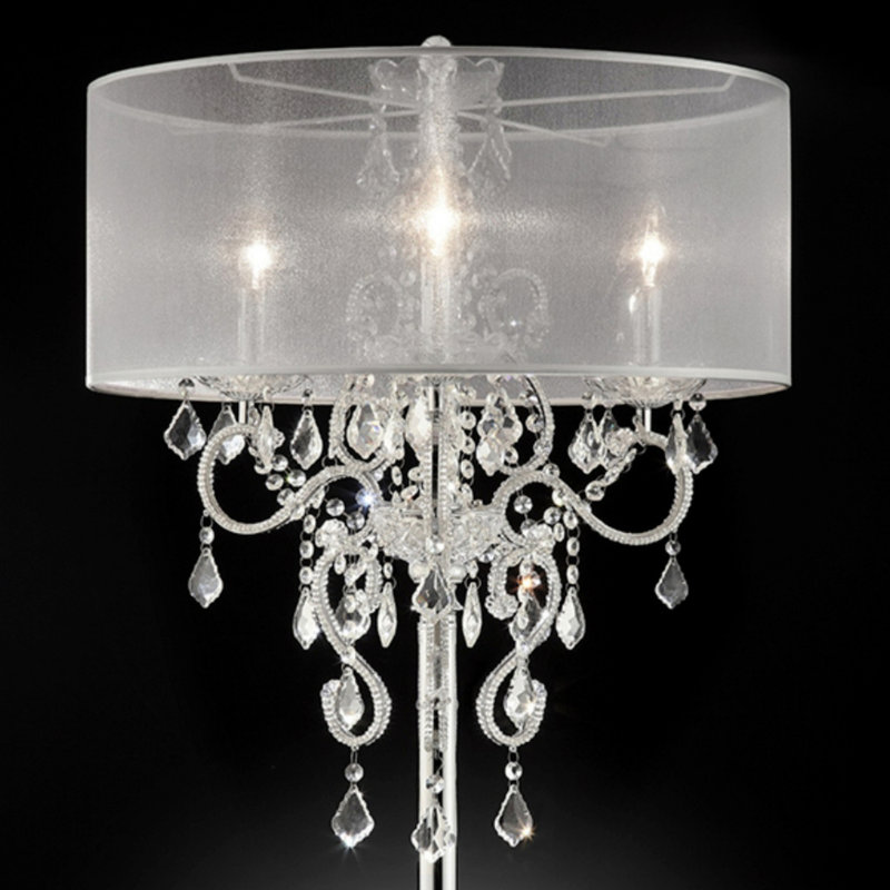 Grande lampe de table 35 "Evangelia", finition argentée et accents de cristal, abat-jour transparent