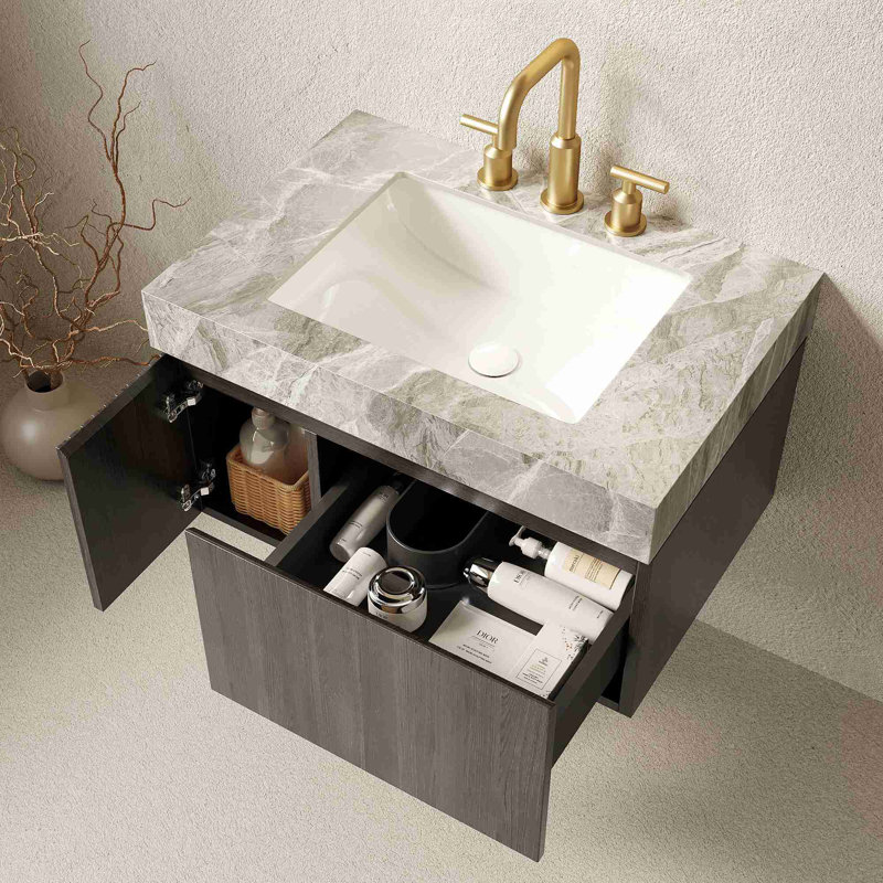 Meuble-lavabo flottant moderne avec plateau en pierre frittée, Espresso, 30", Gris clair