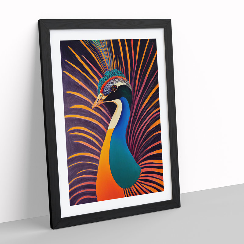 Bold Peacock Art No.7 - Print, 48cm H x 36cm W, White, Black Framed