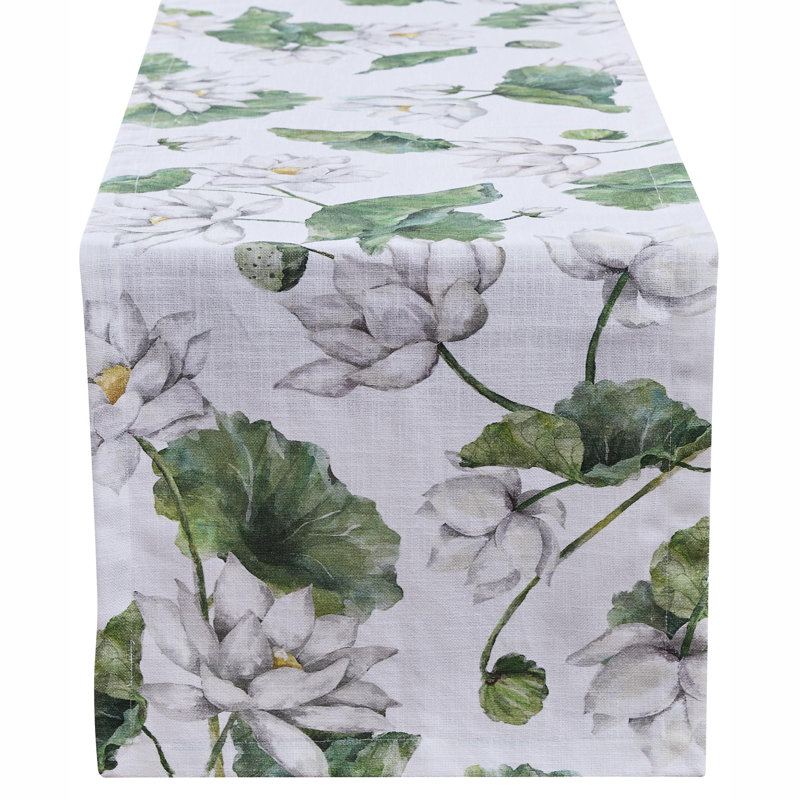  White Lotus Green Floral Table Runner 14" x 54"