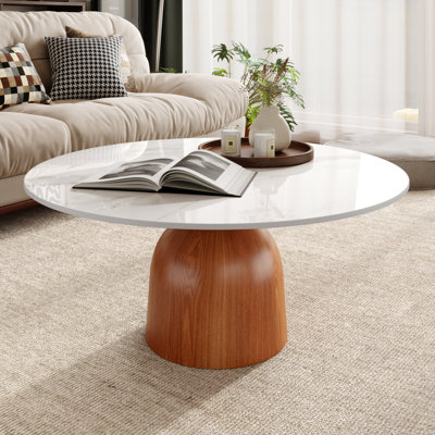 Modern Round Coffee Table with Faux Marble Tabletop and Pedestal Solid Wood, Cocktail Table for Living room & Home Decor