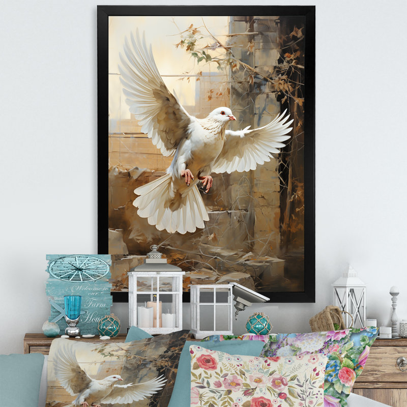 Colombe de sérénité I sur toile, Cadre simple noir, H 32 po x l 16 po x P 1 po
