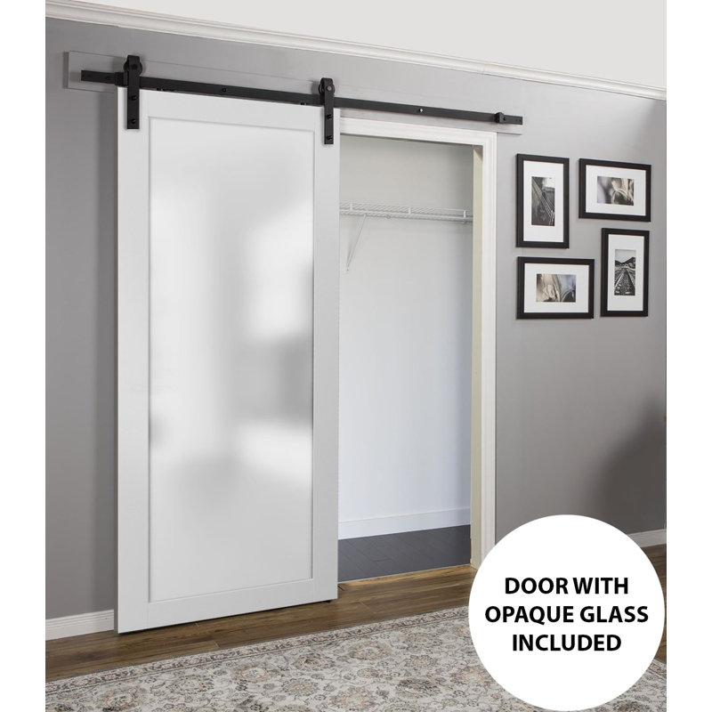 Porte de grange blanche en verre givré Planum avec trousse de quincaillerie d'installation Planum, 18 po x 80 po